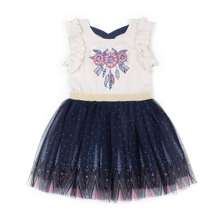Short Sleeve Ruffle Trim Printed Tulle Skirt Dress (Baby Girls...