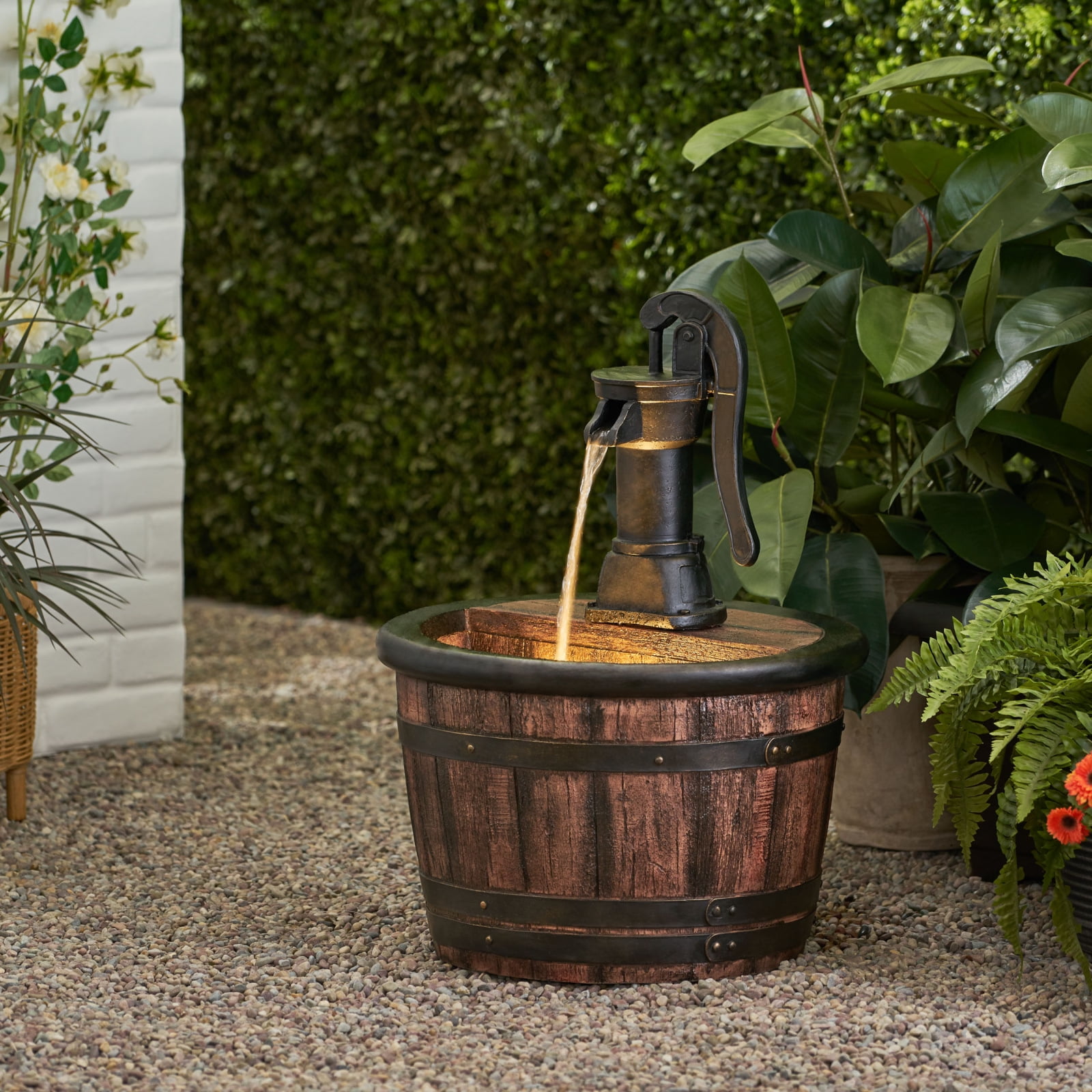 Hand Crafted Outdoor Floor Fountain with LED Lights Weather Resistant Barrel Design Waterfall Flow for Garden Patio Decor