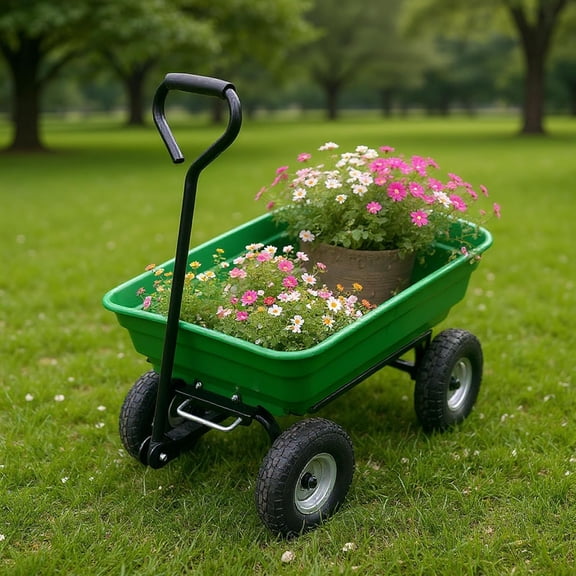 Historyli Garden Wheelbarrow Cart, Utility Cart with Four Wheels & Built-in Stand for Yard, Green