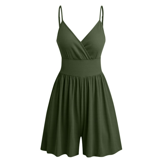 biudgviw Women's Summer Rompers Sleeveless Spaghetti Strap Wrap V Neck Ribbed Wide Leg Jumpsuits Casual Overall Shorts with Pockets