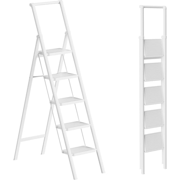 5 Step Ladder for 10 Feet High Ceiling, Folding Step Stool Stepladders with Anti-Slip and Wide Pedal for Home and Kitchen Use Space Saving (White)