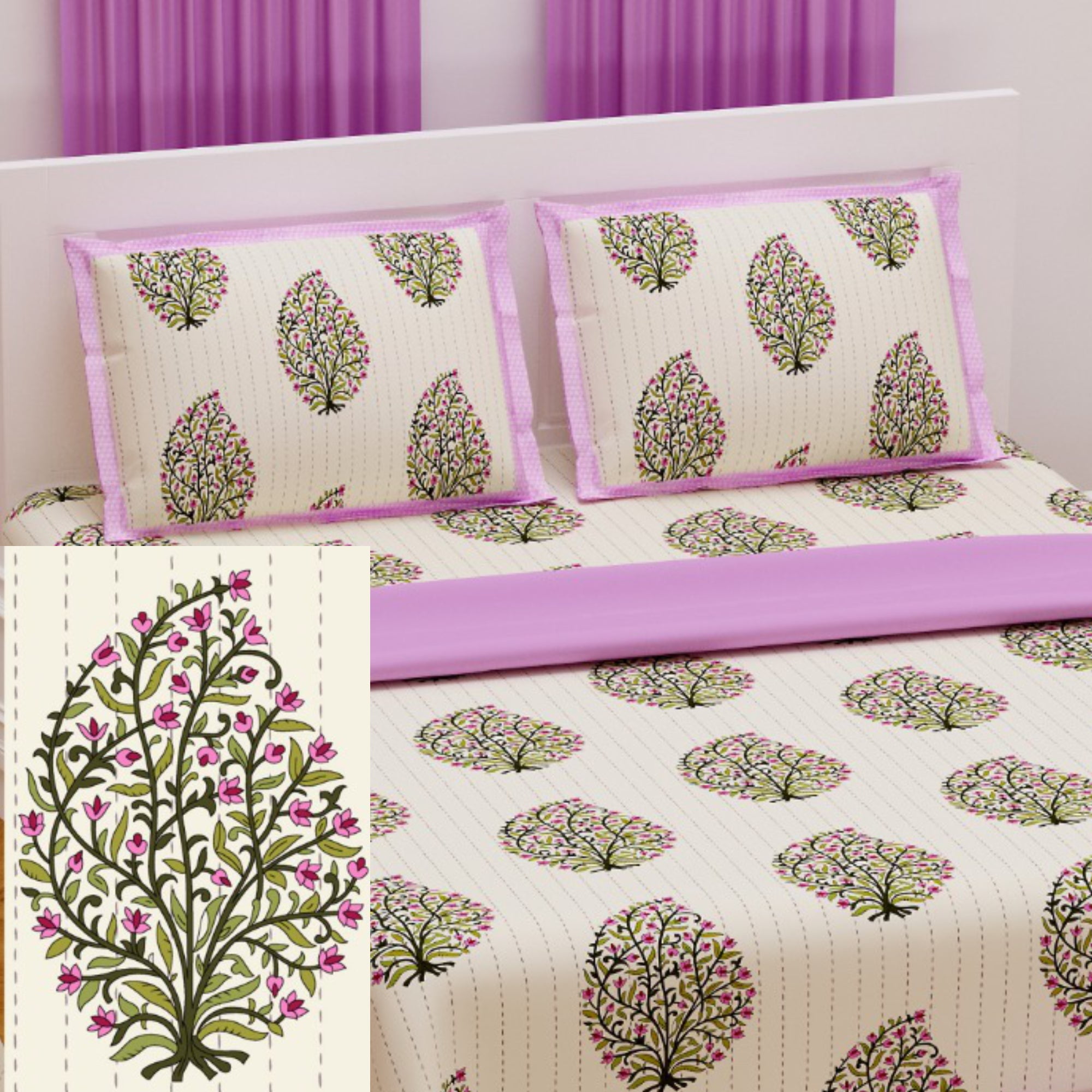 Indian Ethnic  Elephant 100% Cotton Queen Size Bed Sheet Pillow Case Bedding Set 