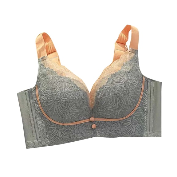 hoksml Women's Floral Lace Wireless Bra, Adjustable Wide Straps Medium Support Comfort Bra with Contrast Trim and Decorative Buttons