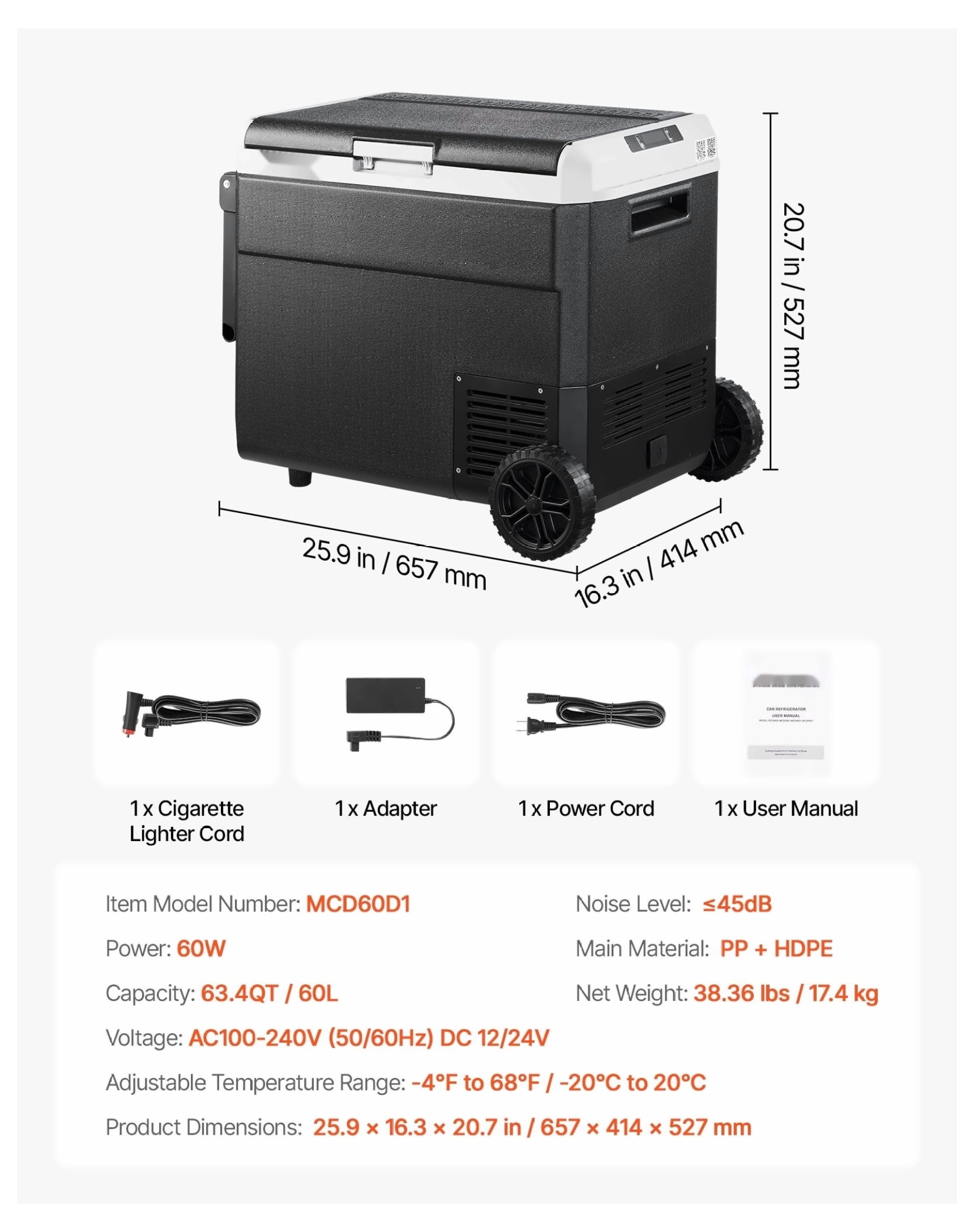 12 Volt Car Refrigerator 63.4QT, Portable Fridge Freezer with Wheels, -4 to 68°F, DC 12/24V & AC 100-240V, for Camping, RV, Travel
