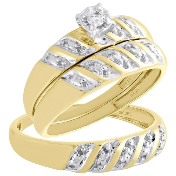 10K Yellow Gold Solitaire Diamond Trio Set Engagement Wedding Rings 1/20 Ct.