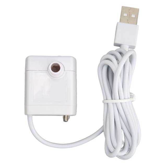 Cat Fountain Water Pump, Removable Quiet Pet Water Fountain Pump 5V for Replacement. A compact white ABS pump with a USB power cord approximately 148.5cm long, designed for universal compatibility with pet water dispensers and fountains. Features an adjustable water flow knob and ultra-quiet operation, ideal for replacement needs.