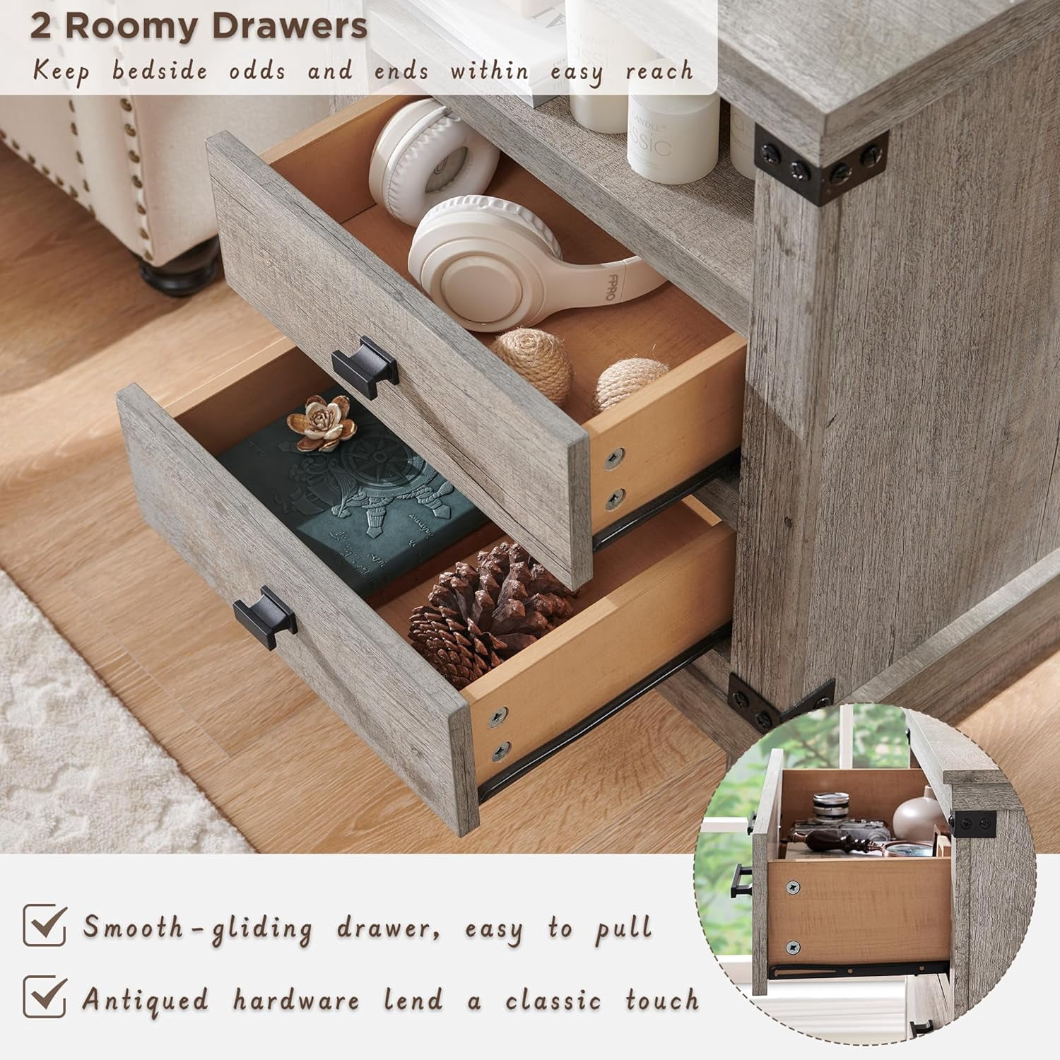 OKD Farmhouse 18" Nightstand with Charging Station, Rustic Metal Wood End Tables with Adjustable Shelves, End Tables，Light Rustic Oak