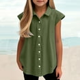 thumbnail image 2 of Fancifize Girls Button Down Shirts Cotton Linen Cap Sleeve Collared Blouses Solid Loose Casual Cotton Tops 3-14Y, 2 of 6