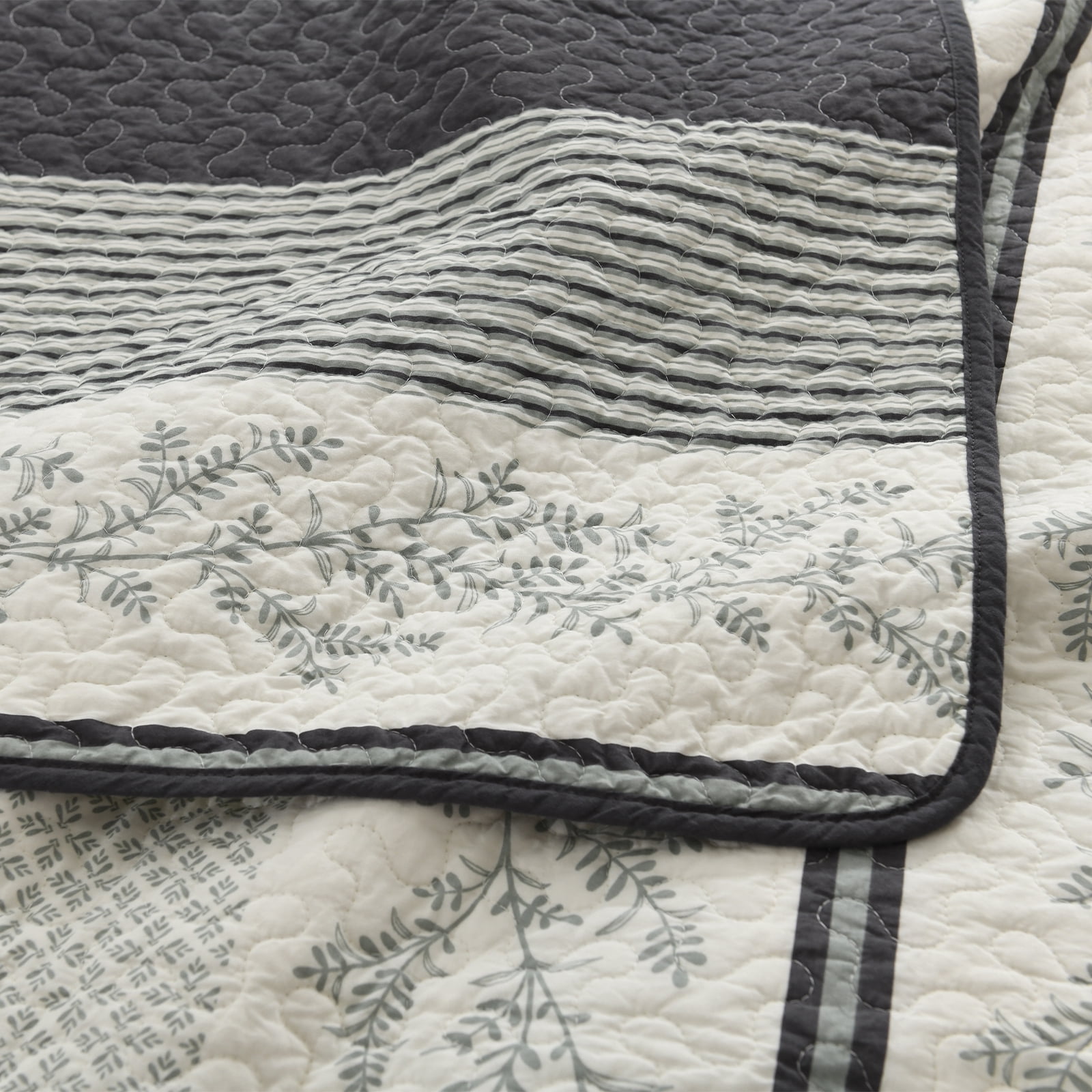 Y-PLWOMEN 100% Cotton Quilt Queen Size - Dark Gray Striped Lightweight Beige Quilt, Floral Quilted Bedspread Lightweight Comforter Set, Soft Bed Spread for Queen Bed with Pillow Shams