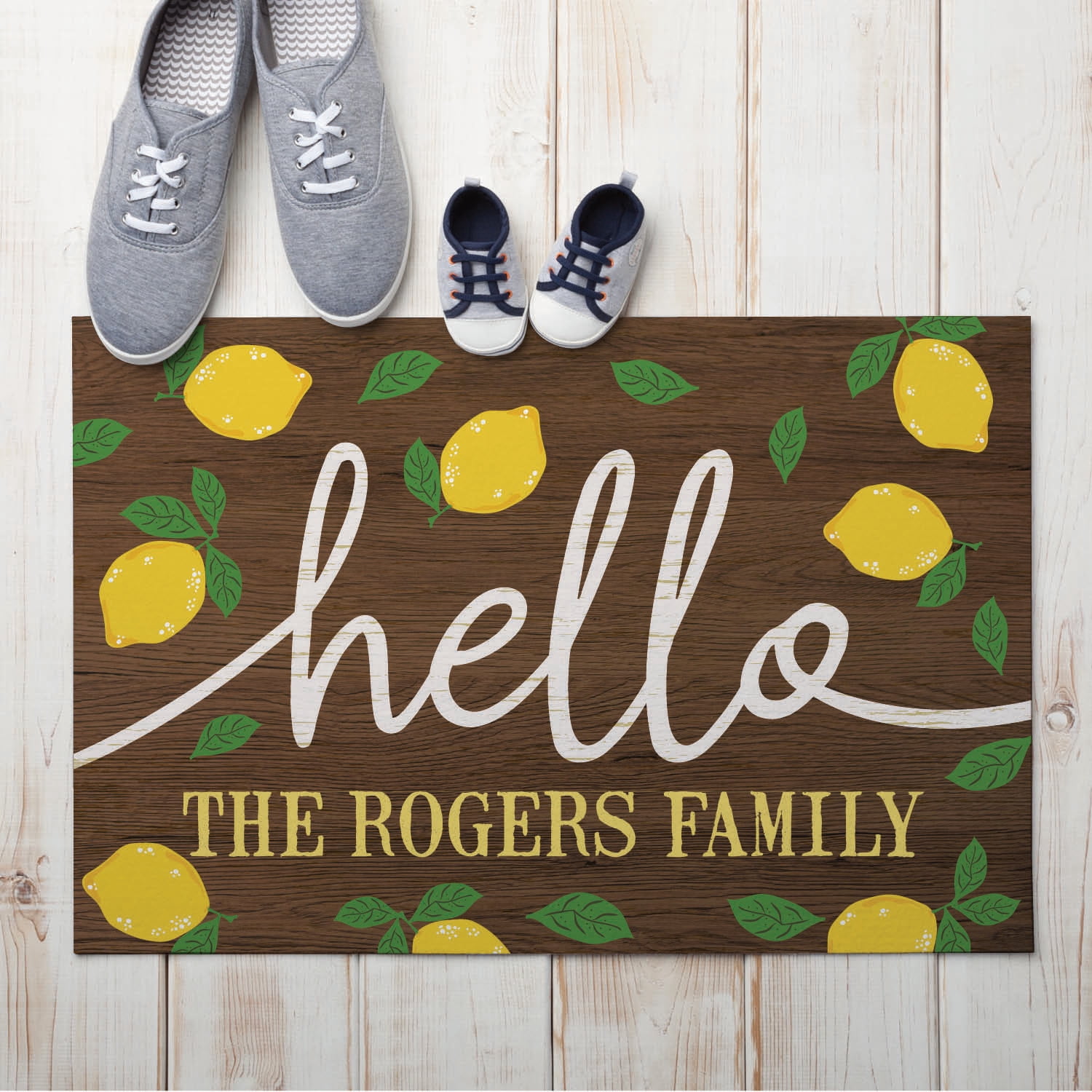 Personalized Planet 27x18 Hello Lemons Doormat with Custom Family Name Printed on Brown Rectangular 1/4” Thick Non Slip Mat for Kitchen Hallway Deck or Porch