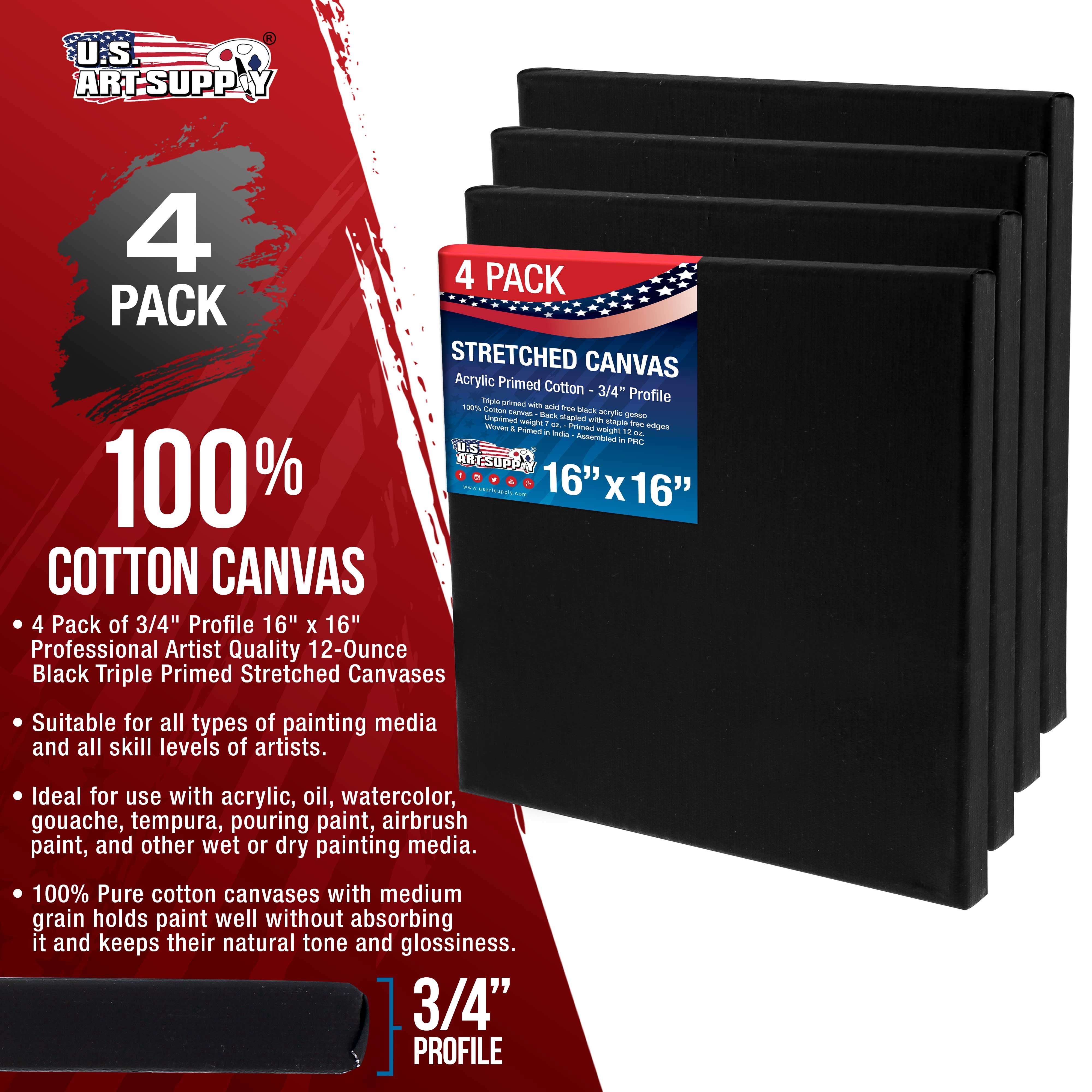 U.S. Art Supply 16 x 16 inch Black Stretched Canvas 12-Ounce Primed, 4-Pack - Professional Artist Quality 3/4" Profile, 100% Cotton, Heavy-Weight, Gesso - Painting, Acrylic Pouring, Oil Paint