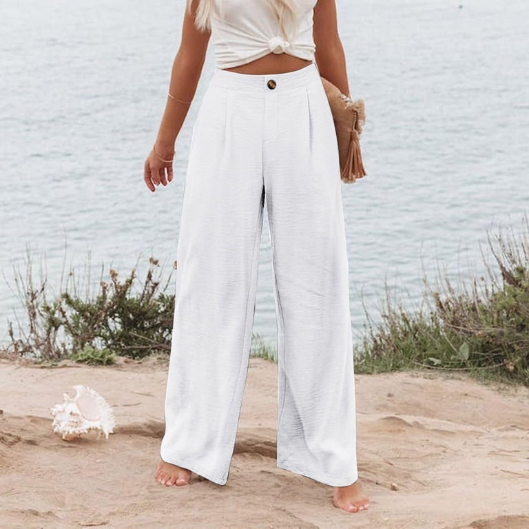 Mohiass Wide Leg Dress Pants for Women Business Casual Elastic Waist Comfy Work Pants Baggy Lounge Pants Trousers with Pocket White S