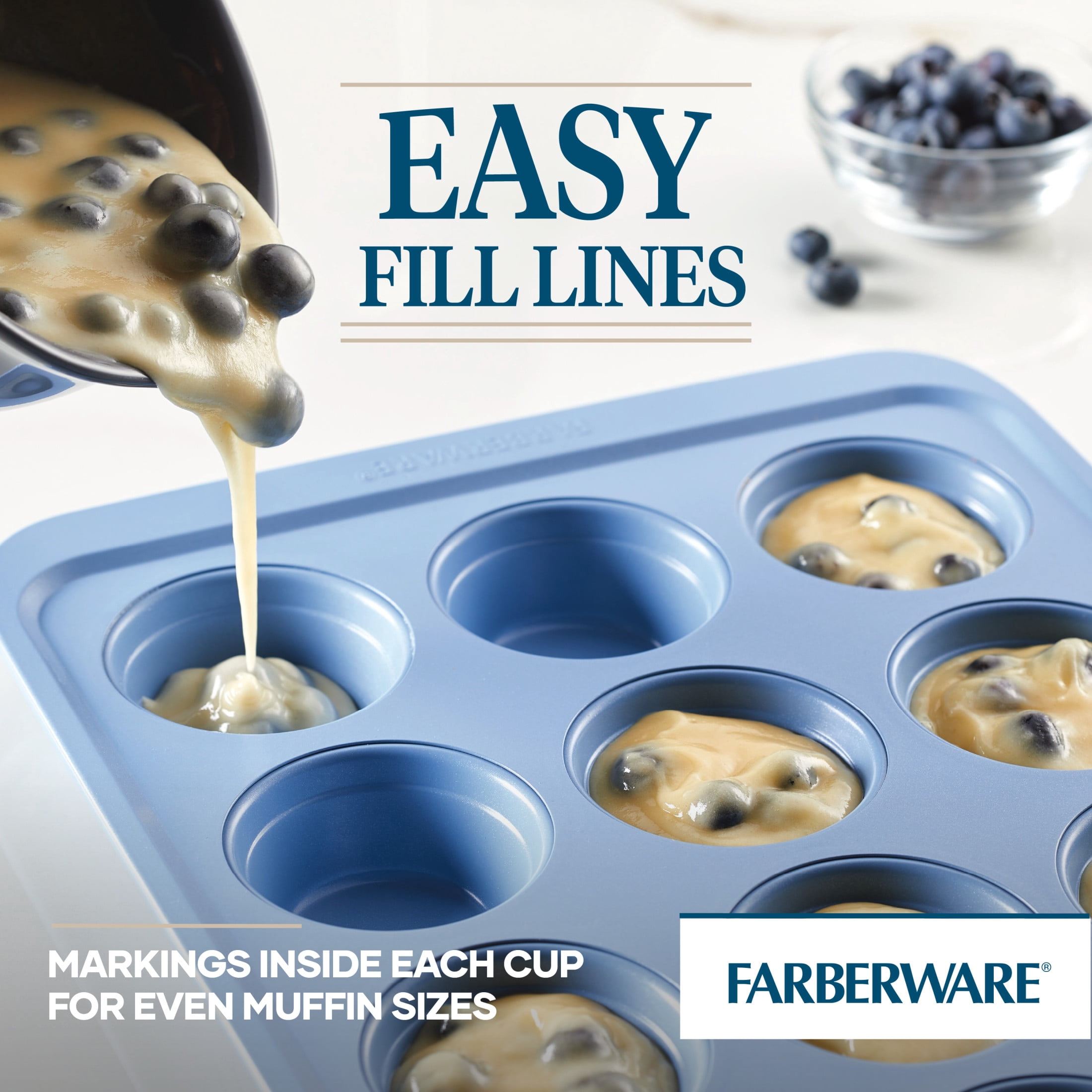 Farberware Easy Solutions 12 Cup Nonstick Bakeware Muffin Pan, Dishwasher Safe and Oven Safe to 450°F, Blue