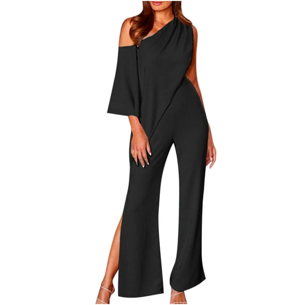 One Shoulder Jumpsuits for Women Summer Solid 3/4 Sleeve Casual Loose  Fashion Side Split Wide leg Long Pants Rompers 