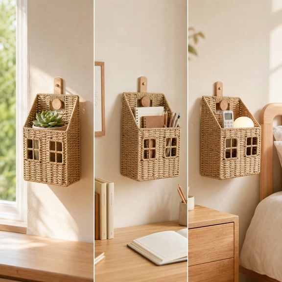 House Shaped Woven Wall Storage Basket, Handmade Rattan Hanging Organizer for Bathroom Bedroom Entryway, Decorative Bin for Towels Mail Bonsais and Everyday Household Organization, Khaki