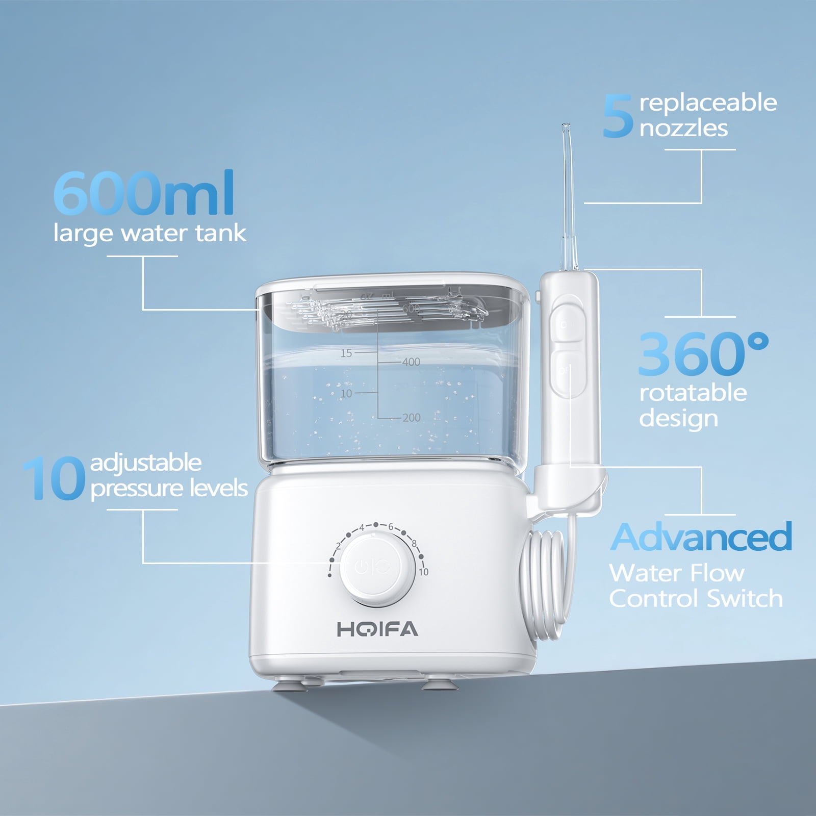 Water Flosser for Teeth Cleaning and Flossing, 600ML Dental Electric Oral Irrigator with 5 Jet Tips and 10 Pressure Settings for Family, White