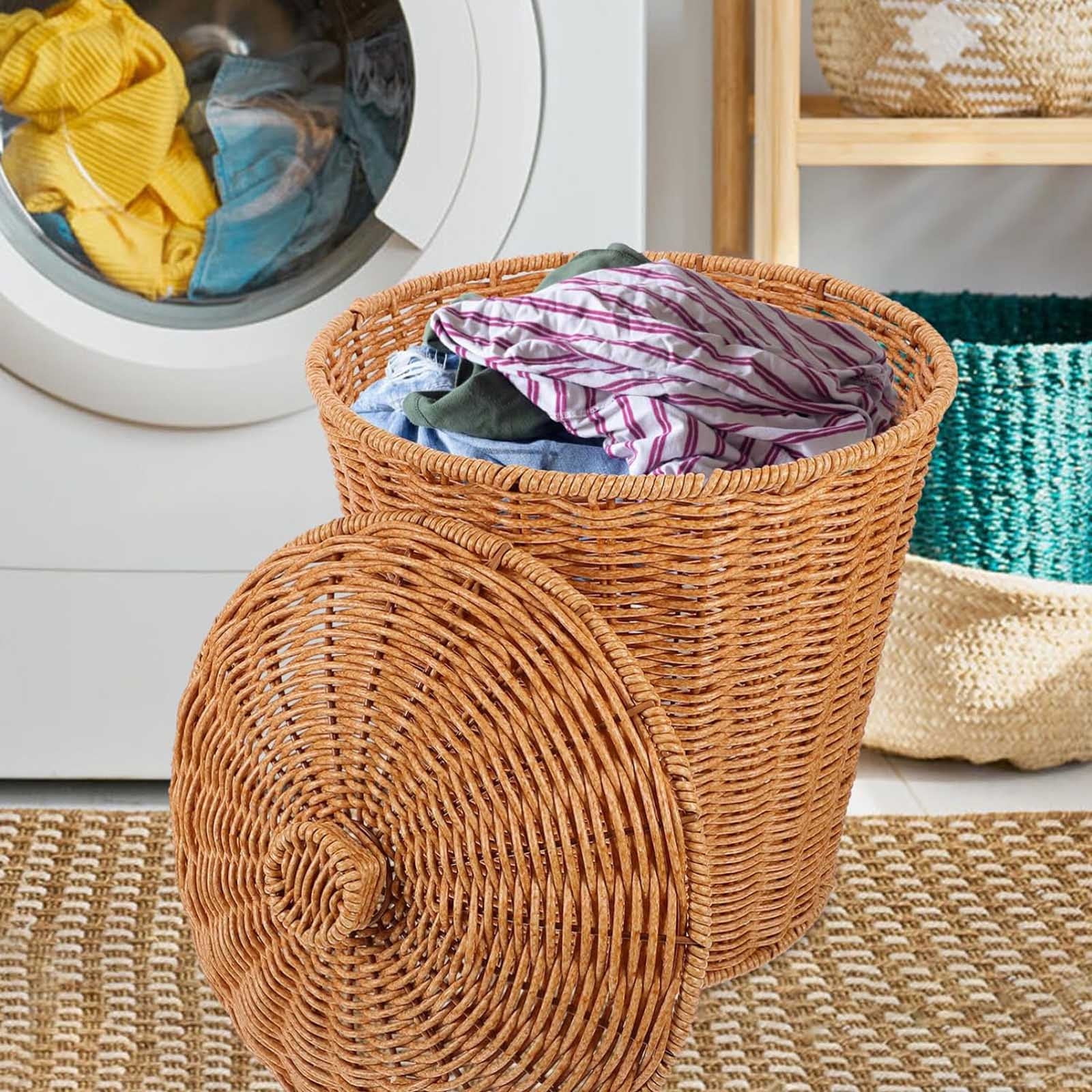 Blukids Wicker Trash Can Rattan Waste Basket with Lid Woven Laundry Basket Corner Hamper Clothes Hamper Laundry Bin Storage Basket(Yellow)