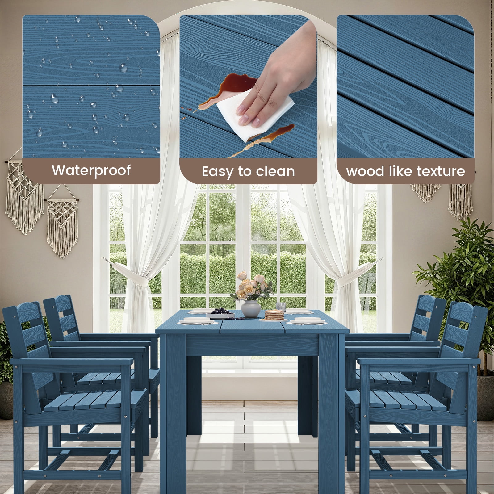 SERWALL 5-Piece Patio Dining Set, 59" Outdoor Dining Table and 4 Chairs with Umbrella Hole for Garden, Deck, Poolside, Blue