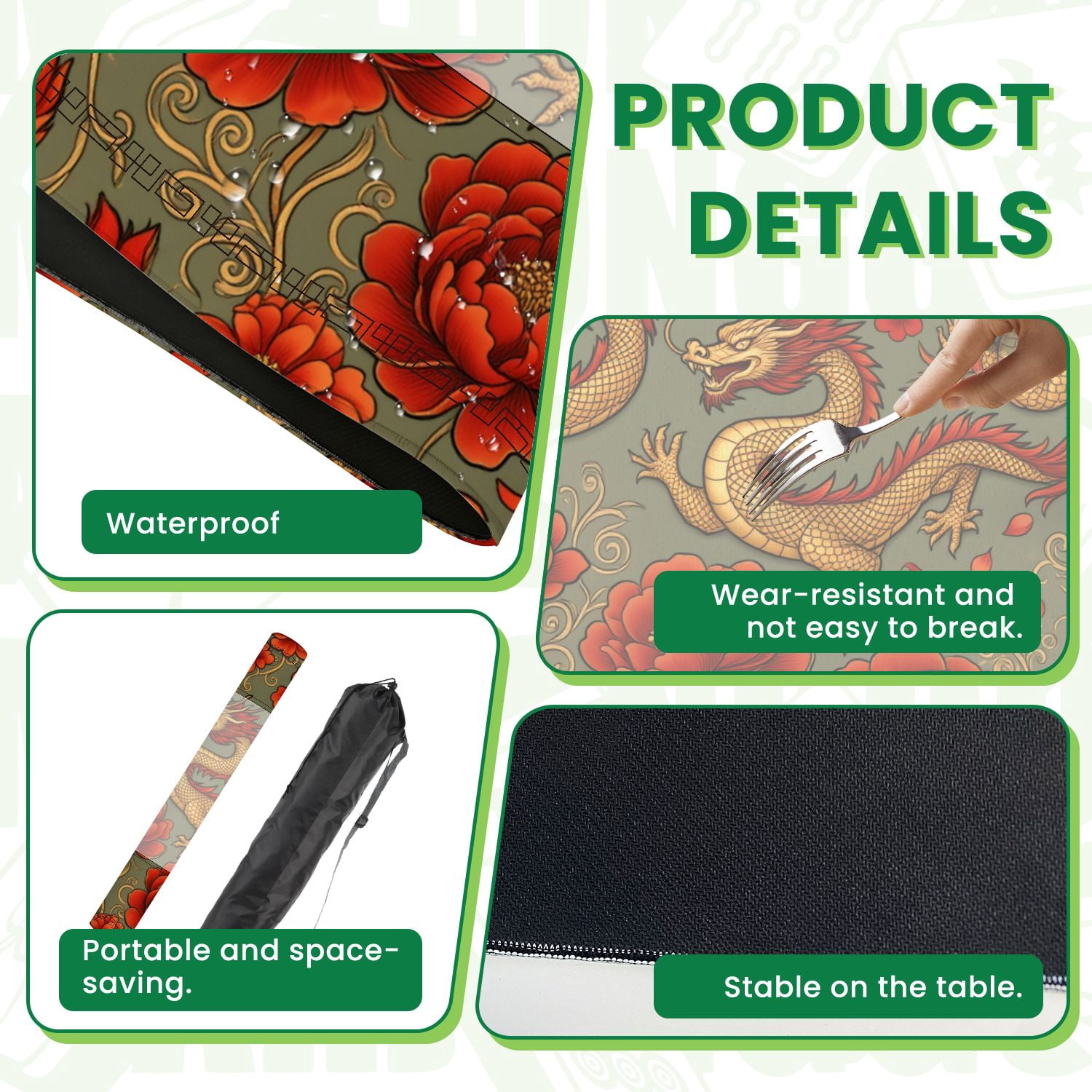 Mahjong Mat 31.5" x 31.5" Japanese style vintage seamless horned fantasy dragon chrysanthemum Non-Slip Noise Reduction American Mahjong Tiles Table Cover for Dominoes Poker Card Board Games Gift
