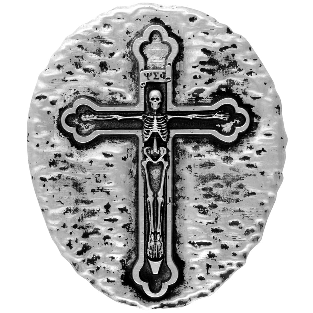 Cross with engine and black spade belt buckle 