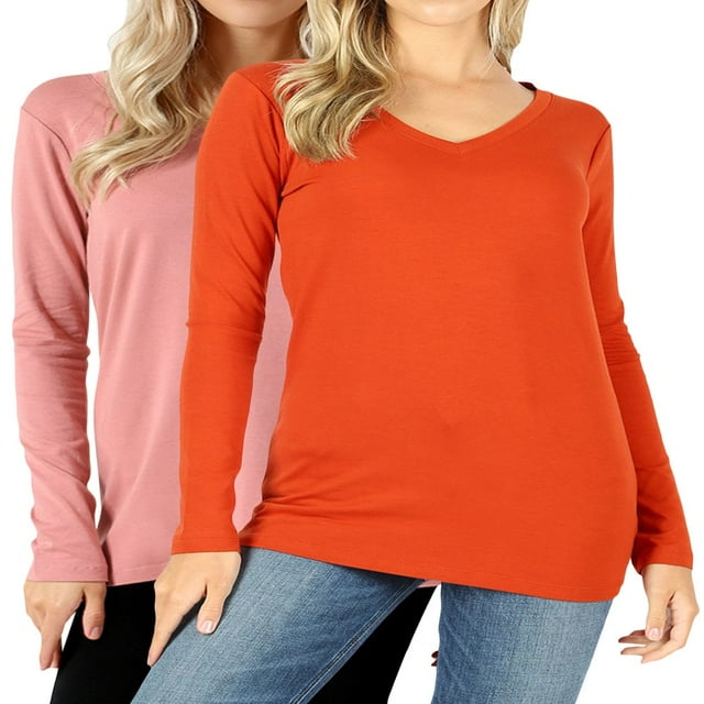 CHUANK Femmes et Grande Taille T-shirt de Base en Coton Coupe Décontractée Col en V Manches Longues Uni Actif Décontracté (S-3X)