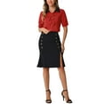 thumbnail image 2 of INSPIRE CHIC Women's Contrast Collar Tie Ruffle Front Button Short Sleeve Work Shirt M Red, 2 of 5