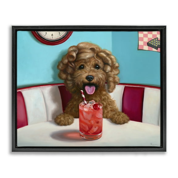 Stupell Industries Dog at Diner with Drink Food & Beverage Painting Black Floater Framed Canvas Art Print Wall Art, 21 x 17
