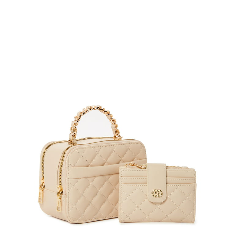 Jane & Berry Women's Adult Quilted Faux Leather Crossbody Bag and Mini  Wallet Set, 2-Piece Beige