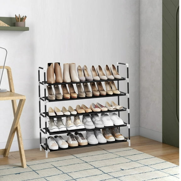 LEDREM 5-Tier Slim Shoe Rack for Hallway,Closet, Space-Saving Storage with Metal Frame & Non-Woven Shelves, Holds 20-25 Pairs, Black