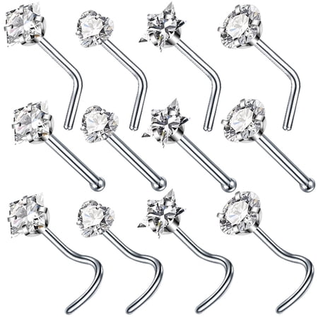 ACOMWEY 12 Pcs 20 Gauge Stainless Steel Nose Rings Studs L Crook Bone Shaped Crook Nose Fake Septum Rings Body Piercing Jewelry 3mm Diamond CZ Nose Stud L Bend for Women Men Girl Piercing