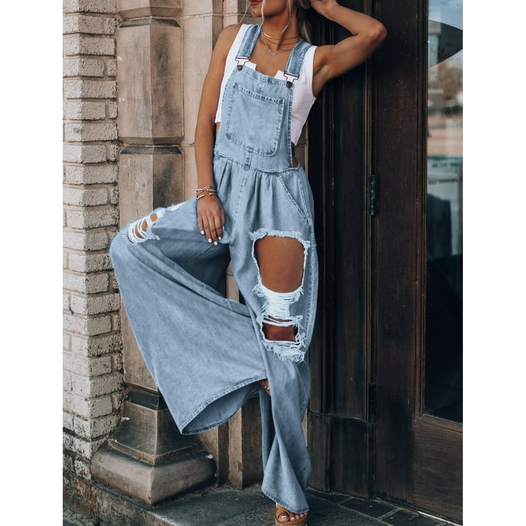 Awoscut Women Loose Baggy Overall Plus Size Wide Leg Adjustable Bib Thin  Denim Jumpsuits High Waist Pockets Harem Pants