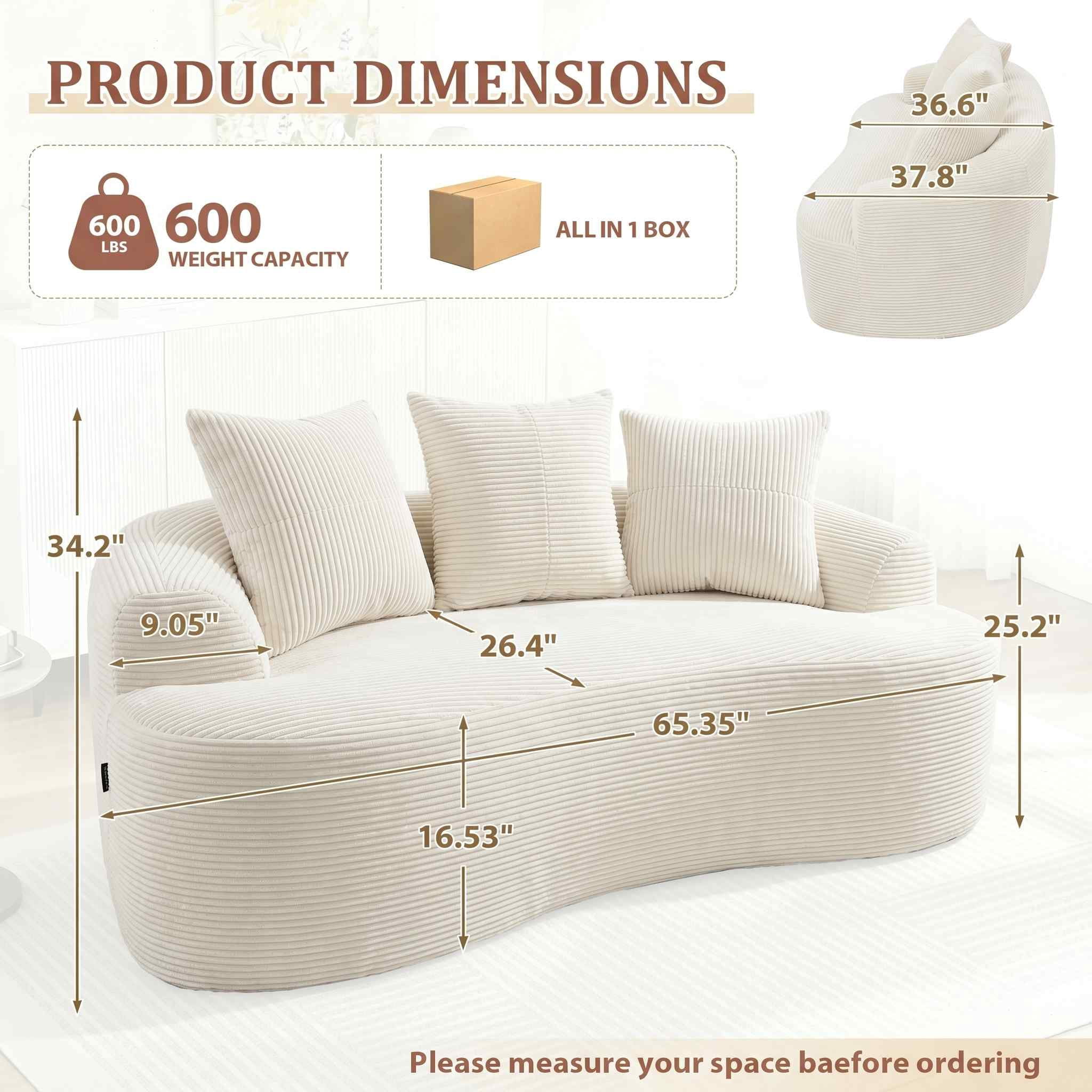 Timbernest 65" Curved Loveseat, Corduroy Boneless Cloud Couch, Small Space Sofa for Living Room, Apartment, Beige