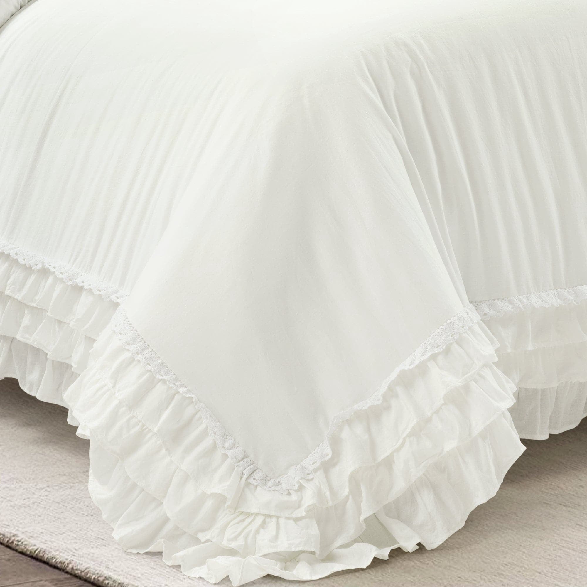 Ella Ruffle Lace 100% Cotton Duvet Cover White 3Pc Set Full/Queen