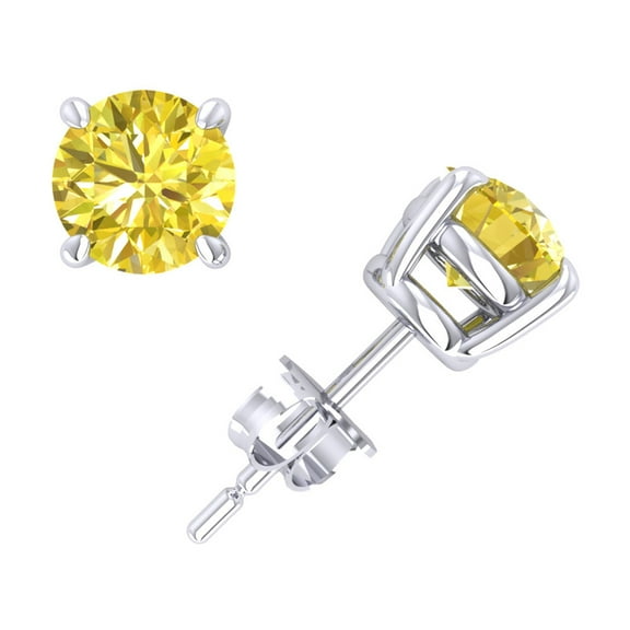 Real 1.00Ctw Round Cut Yellow Diamond Basket Stud Earrings 18k White Gold Prong SI1