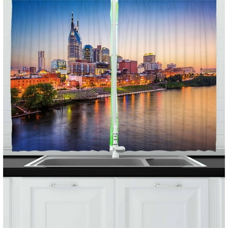 - United States Curtains 2 Panels Set, Cumberland River Nashville Tennessee Evening Architecture Travel Destination, Window Drapes for Living Room Bedroom, 55W X 39L Inches, Multicolor, by Ambesonne