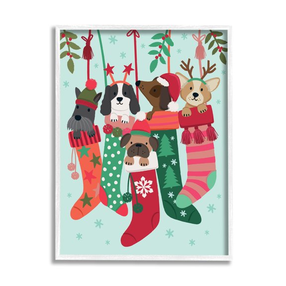 Puppy Dogs Nestled Patterned Stars Christmas Stockings Animals & Insects Graphic Art Framed Art Print Wall Art