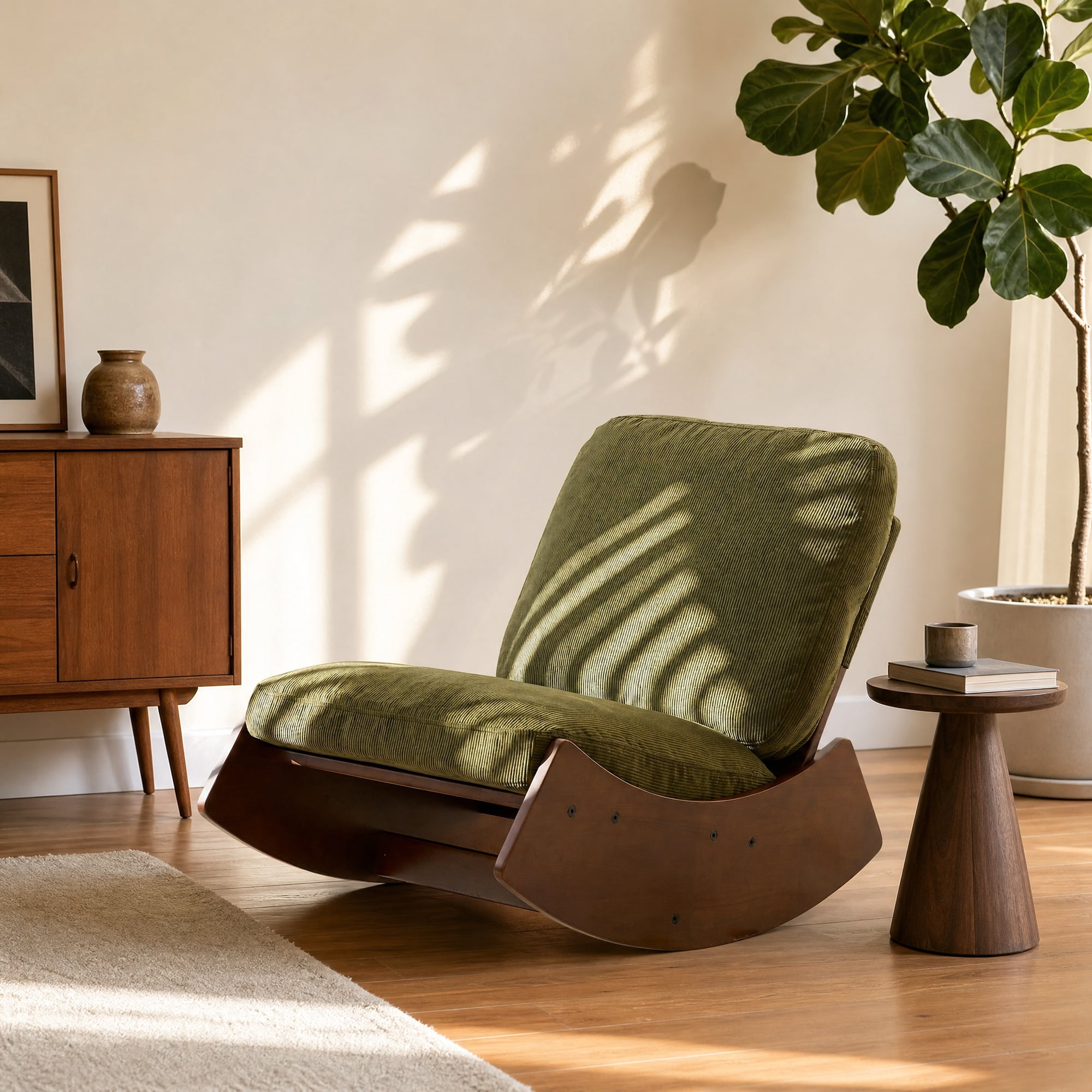 Retro Striped Corduroy Glider Rocking Chair Solid Wood Frame Ergonomic Upholstered Accent Chair Comfort Reading Glider for Nursery Bedroom Living Room Home Decor 35.4 x 24.2 x 28.3 in
