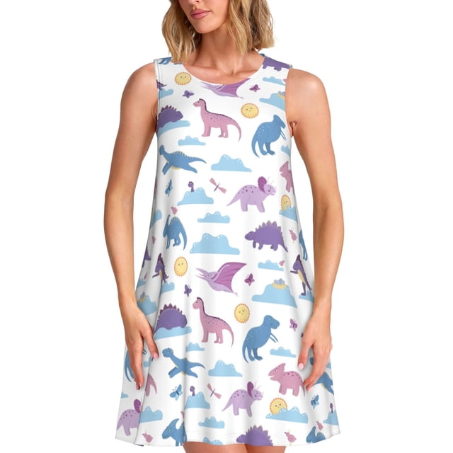 Fotbe Dinosaur Vestido de Verano sin Mangas para Mujer – Vestido Midi Línea A, Estilo Camiseta Floral, Vestido Playero Casual y Fluido