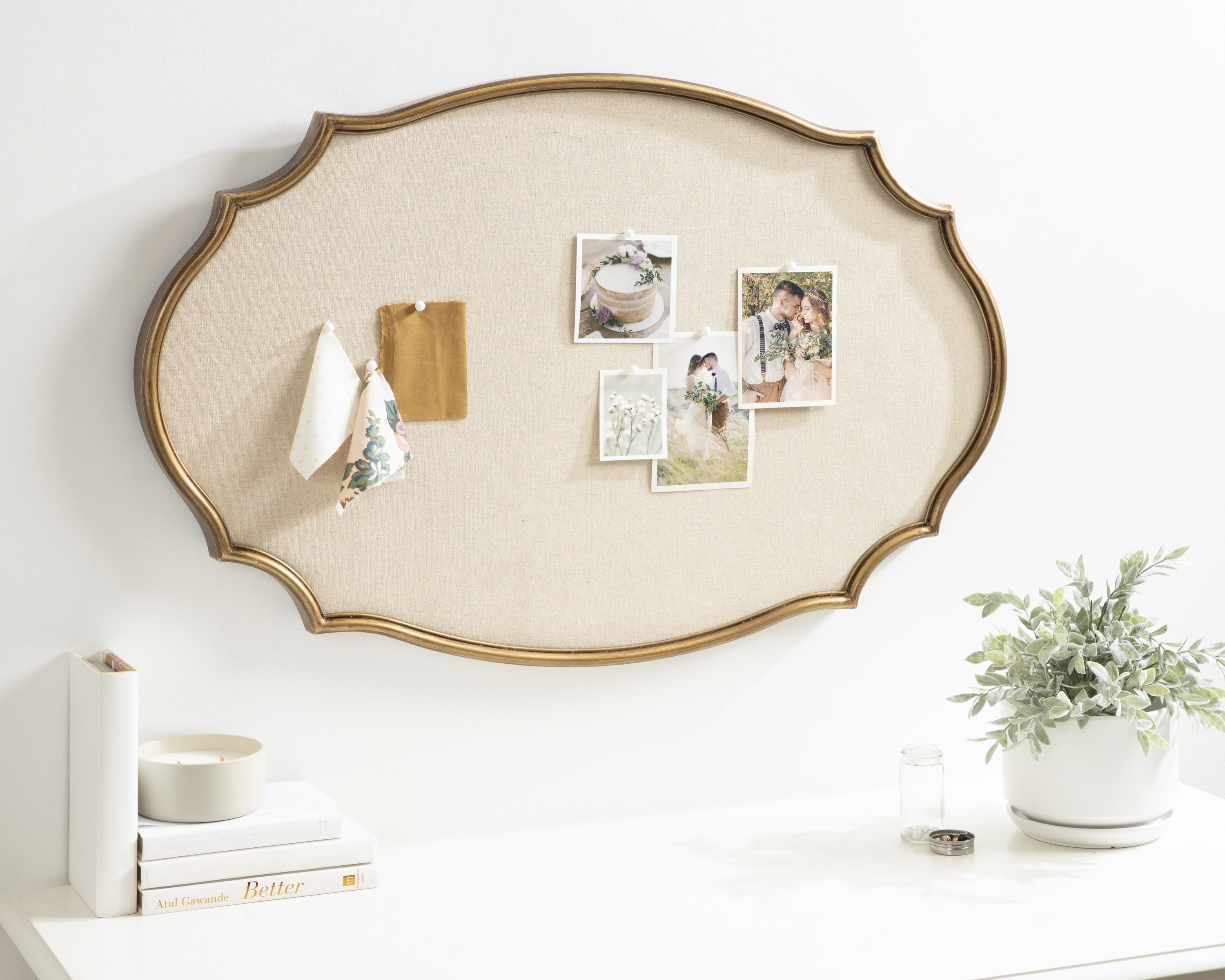 Kate and Laurel Leanna Decorative Scalloped Metal Pinboard, 24 x 36, Gold, Framed Rounded Oval Vintage Bulletin Board for Unique Display, Organization, and Decor