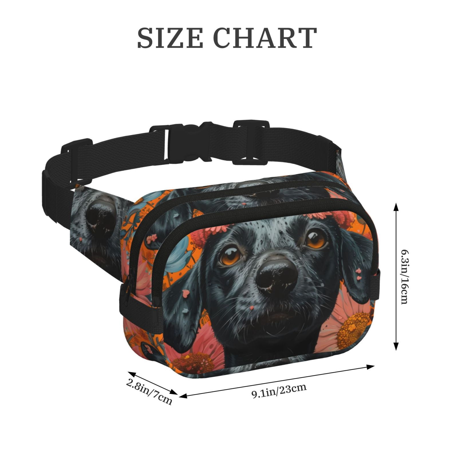 Picia Sunflower Black Dog Print Square Double-Layer Waist Bag Mini Adjustable Waist Belt Bag Exercise Running Travel Hiking