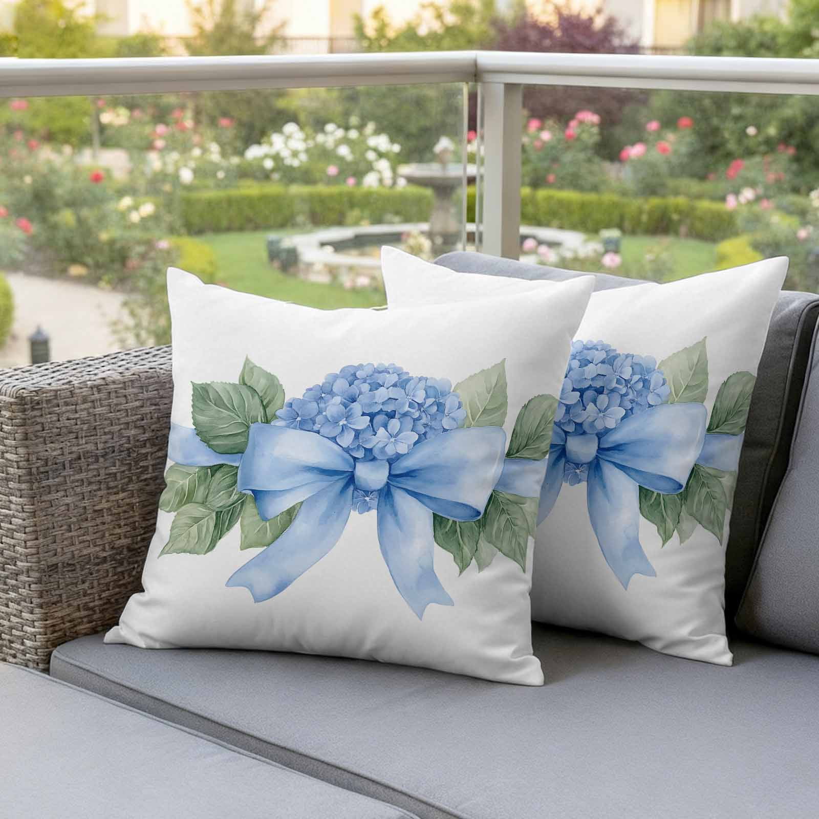 Hydrangea Spring Outdoor Waterproof Pillow Covers, Idyllic Flower Floral Bow Plant Leaf Decorative Square Throw Pillowcase Sofa Cushion Sham for Patio/Couch/Chair, 24"x24" 2 Pack