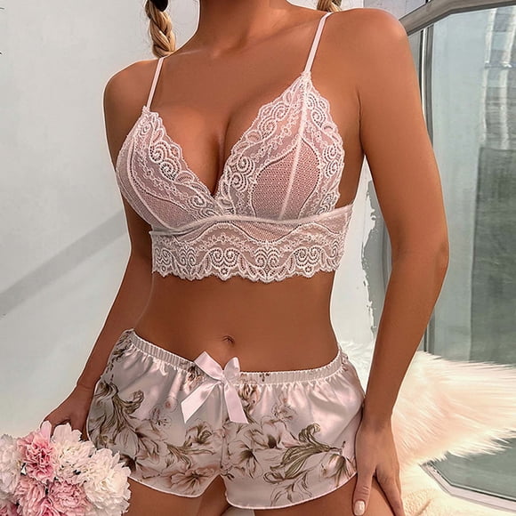 Zjloe7sa Women's Lingerie Set Sleepwear Womens Lingerie Lace Satin Pajamas Cami Shorts Set Nightwear White