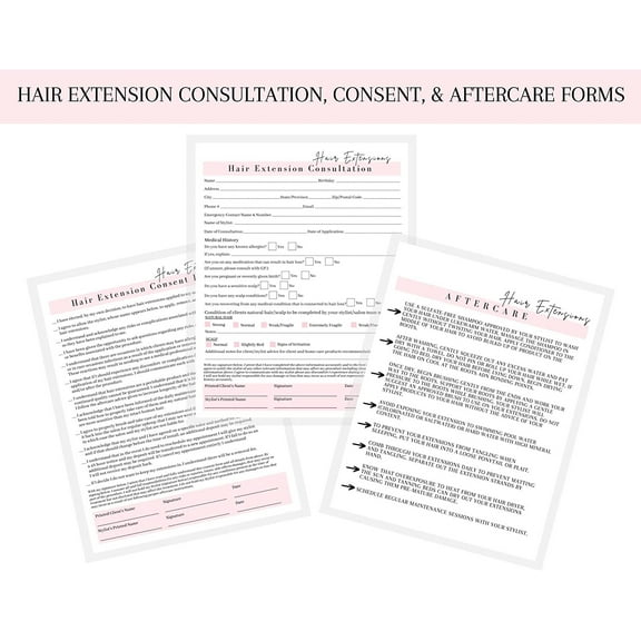 Hair Extensions Consultation, Consent, and Aftercare Form  75 Pack  8.5 x 11" A1 Forms  Client Forms Bundle  Hair Extension Supplies  White and Pink Design
