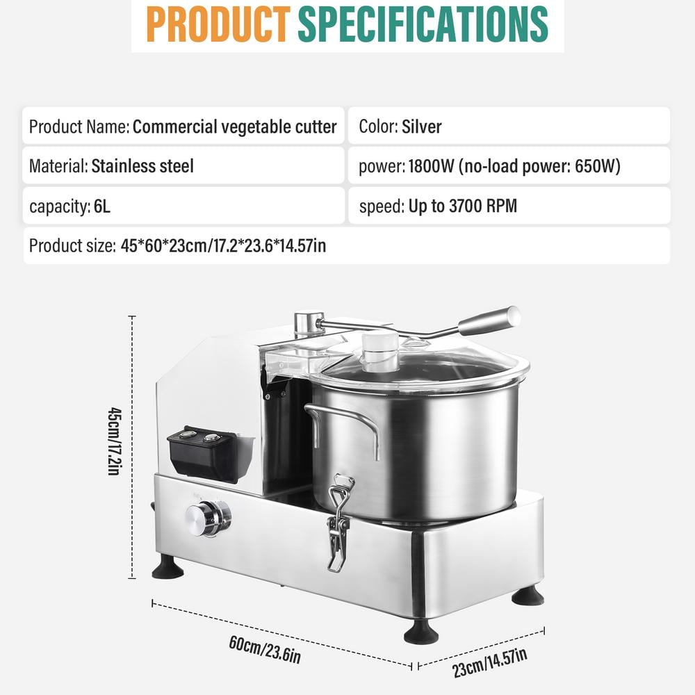 WAASOSCON Commercial Food Processor 6L/1.58GAL, 1800W Powerful Food Chopper , Multi-functional Processor [Chop, Mince, Puree] for Vegetables, Meat, Grains, Nuts