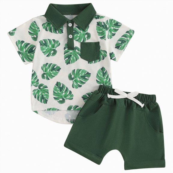 OYXSER Toddler Baby Boy Clothes 6 12 Months Cute Summer Kids Pattern Short Sleeve Button Down Shirt & Shorts Set Cool Short Sets, Dark Green 6-12M