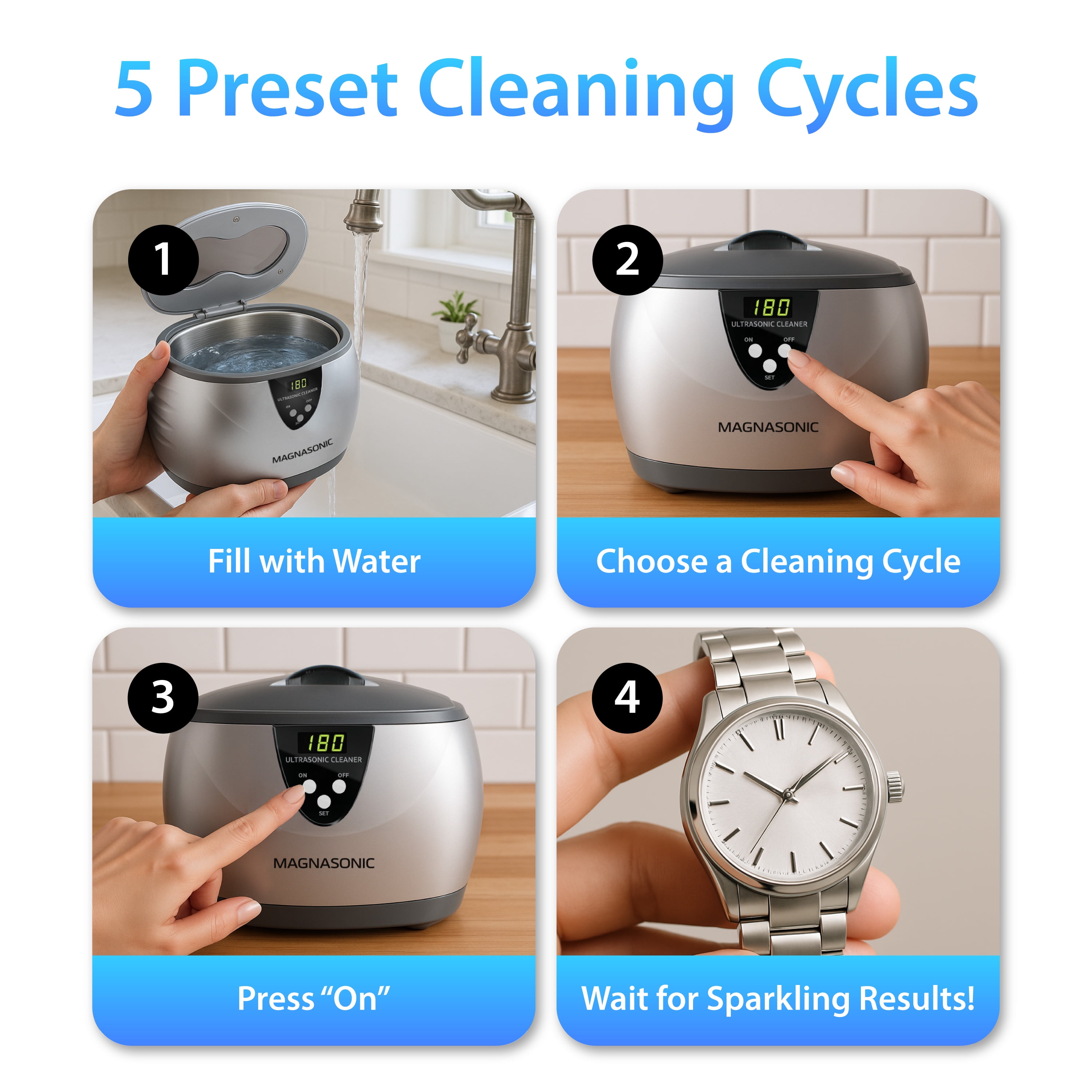 Magnasonic Ultrasonic Cleaner, 20oz Stainless Steel Tank, Digital Timer, 5 Cleaning Modes, w/ 8oz Gem & Jewelry Cleaner Concentrate Solution for All Jewelry, Eyeglasses, Watches, Dentures, Retainers
