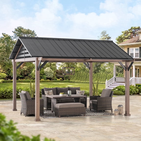 Sunjoy Hardtop Gazebo 13 x 13 ft. Outdoor Galvanized Steel Gazebo with Metal Gable Roof and Ceiling Hook, Suit for Patio and Backyard, Black