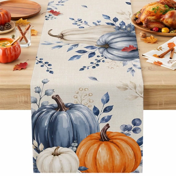 Orange Blue Pumpkin Fall Table Runner, Rustic Maple Leaf Thanksgiving Washable Cotton Linen Table Runners 70 Inches Long, Dresser Scarf Runner for Dining/Kitchen/Coffee/TV Stands/Cabinets 13''x70''