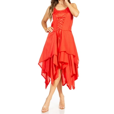 Sakkas Lady Mary Jacquard Corset Style Bodice Lightweight Handkerchief Hem Dress - Coral - Plus Size