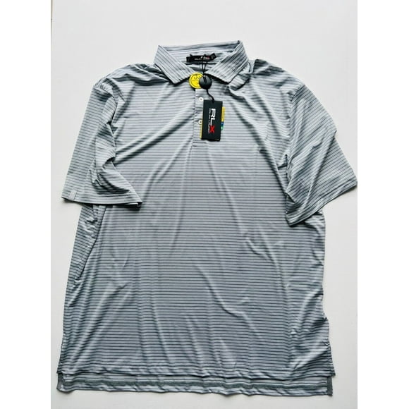 RLX Ralph Lauren Wicking UV Spyglass Striped Polo Shirt Grey / White ( XL )